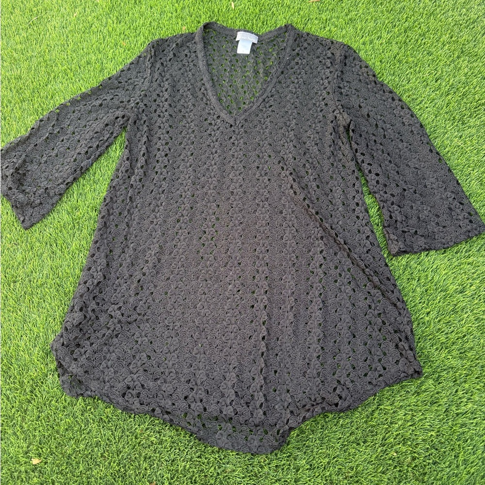 Black Crochet V-Neck Tunic Top / Swim Cover-up
